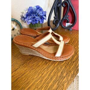 Born Drilles Camel & Ecru Lthr & Jute Wedge Sandals Sz9/9.5 NWOB Classic/Summer